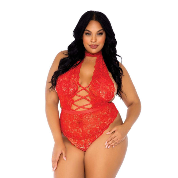 KinkyDiva Leg Avenue Floral Lace Crotchless Teddy Red UK 18 to 22 £49.99